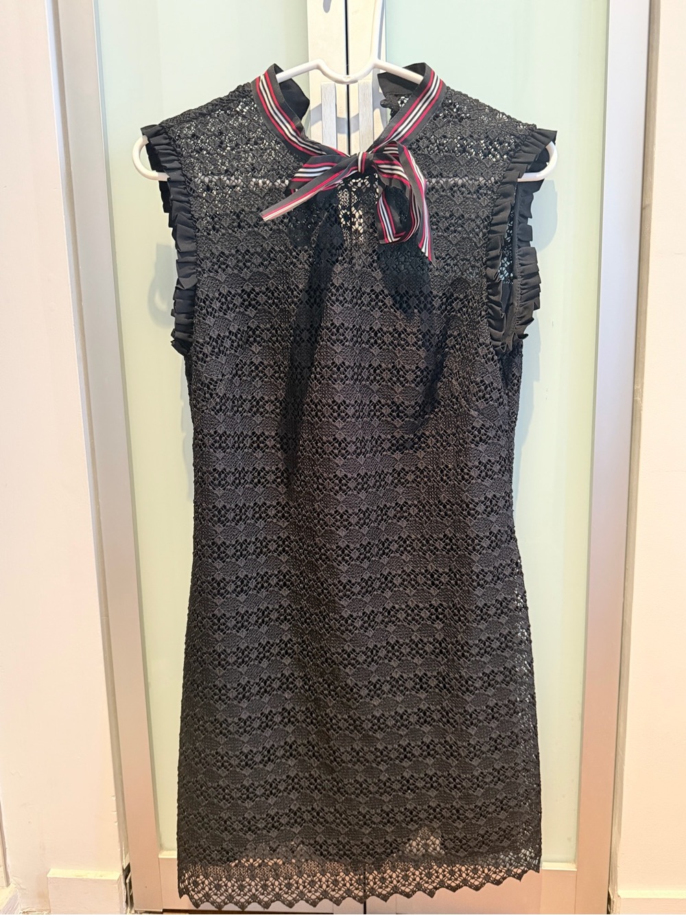Sandro Black Lace Mini Dress with Striped Ribbon Neck